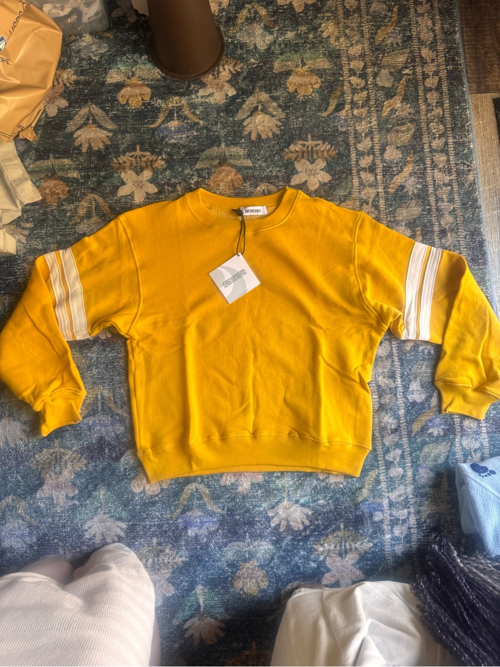 Daydreamer Solid Varsity Yellow Crewneck Sweatshirt with White Sleeve Stripe